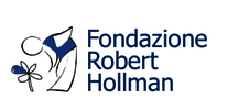 The image represents the logo of Robert Hollman Foundation. The logo is represented by a flower on the left, a person leaning over it looking at it, and the words Robert Hollman Foundation on the right in blue with a clearly legible font